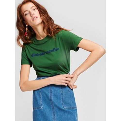 Green T shirt Women Letter Print Round Collar Soft Loose Cotton Short Sleeve Tee 2021 Summer Retro Casual T shirt Tops Chic