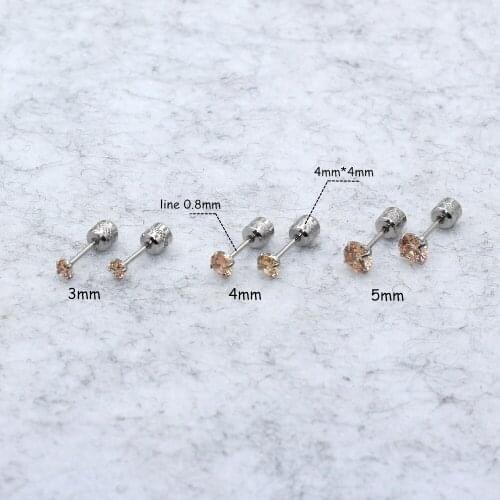Steel Color 4 Claw 3/4/5MM Screw-back Champagne Zircon Women Stud Earrings Ear Smooth Ball Earring 316 Stainless Steel Jewelry