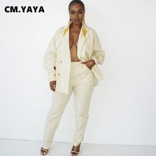CM.YAYA Women Set Solid Full Sleeve Blazers Pockets Pants Suits Two 2 Piece Sets Fashion Office Lady Work Street Outfits Autumn
