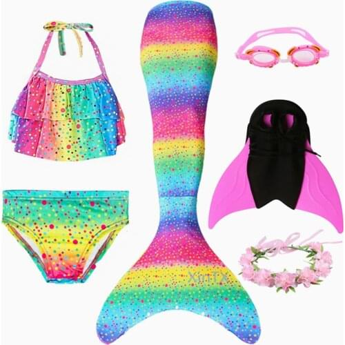 HOT!2019 New Fancy Mermaid Tail swimming Dress Girls Kids Summer Swimmable Tails with Monofin Goggle Garland Swimsuit Costumes