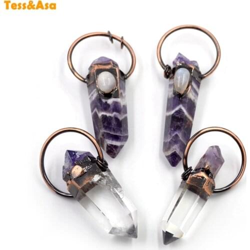 3pcsNatural Amethyst White Crystal Druzy Column Pendant Copper Silver Plated on Top Crystal Pillar Charm Necklace Jewelry Making