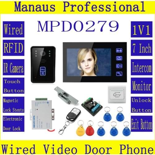 7" RFID Video Door Phone Intercom Doorbell Touch Button Remote Unlock NightVision + Electric Strike lock Security System Kit 279