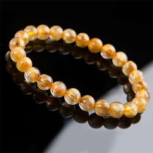 8mm Genuine Natural Titanium Gold Rutilated Quartz Crystal Clear Round Bead Bracelet For Women Femme Charm Stretch Bracelet