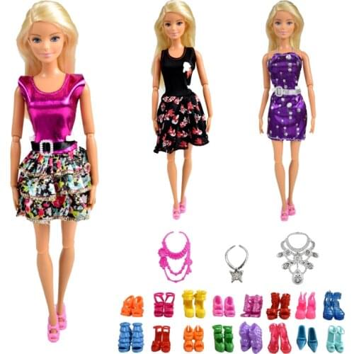 9 Item/Set Doll Accessories=3 Pcs Doll Dazzling Dress + 3 Plastic Necklace + Random 3 Pairs Shoes for Doll Accessories Girl Gift