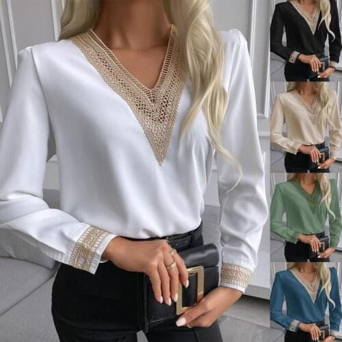 Office Lady Blouse women 2021 Patchwork Fashion Lace V Neck Spring Autumn Long Sleeve Chiffon Shirt Top Streetwear Women Shirt