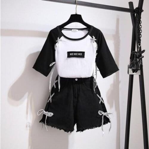 High Waist Black Blue Denim Shorts Girls Summer Versatile Letter Lace-Up Casual Student Suits Short Sleeve T-Shirt Two-Piece Set