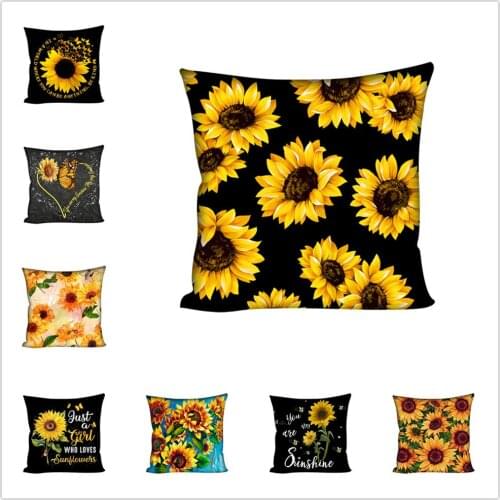 Black Sunflower Print Cushion Cover 45*45 Decorative Cushion Pillowcase for Sofa Car Chair Home Decoration Polyester Pillow Case