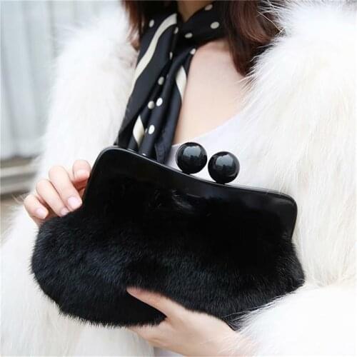 IANLAN Elegant Women Black Evening Bags Full-pelt Mink Fur Clutches Bags Ladies Resin Clip Wallets IL00571