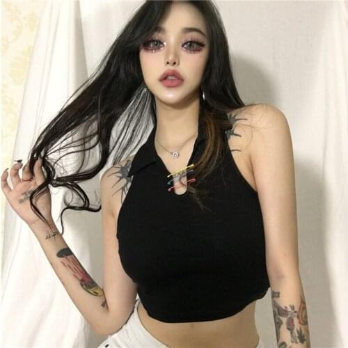 Summer Vintage Sexy Women Slim Fashion Tops Punk Gothic Paper Clip Decoration Hot Girl Black Polo Collar Vest