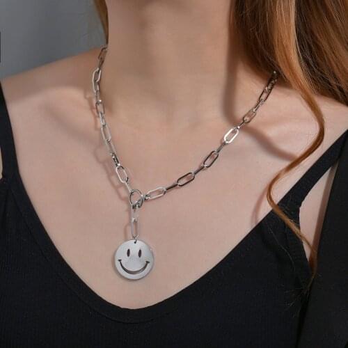 Acheerup Fashion Stainless Steel Necklace For Women Smiley Face Pendant Adjustable Chain Silver Color Jewelry Gift Free Shipping