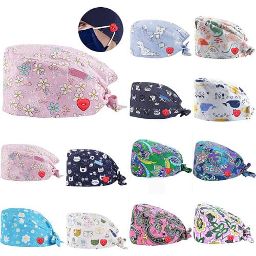 Fashion Printed Hats Men And Women Button Work Hat Casual Unisex Scrub Cap Bouffant Hat Gorro Enfermera Quirofano Scrub Cap