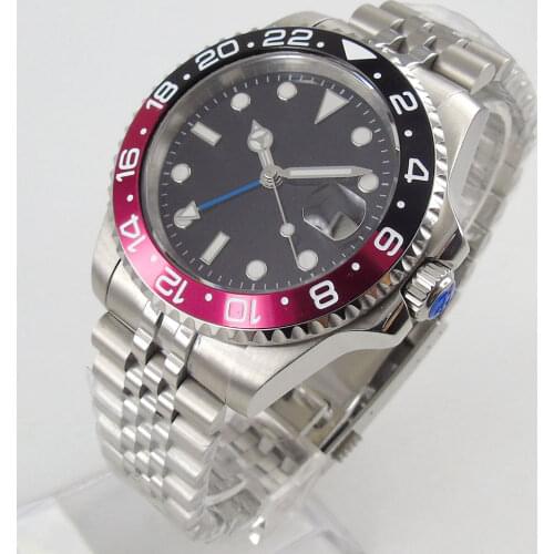 40mm DREAMRUI black dial Sapphire glass Luminous black red bezel jubilee GMT automatic mens watch