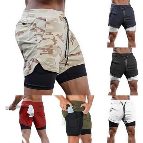 Men 2 in 1 Running Shorts Gym Fitness Training Quick Dry Beach Short Pants Male Summer Sports Workout Bottoms Clothing 2021