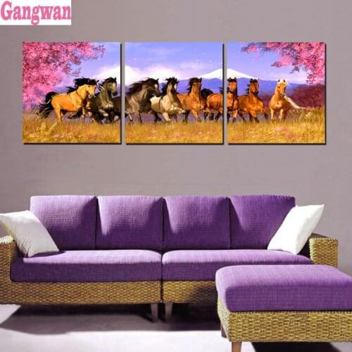 3 pcs set 5D Diamond Painting eight Horses Landscape Diamond Mosaic Square Picture of Rhinestones Diamond Embroidery Home Decor