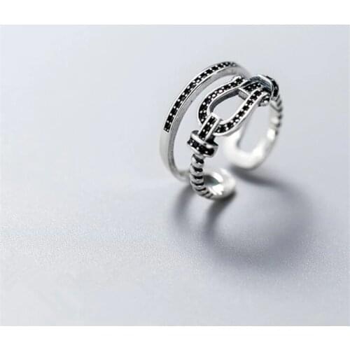New Fashion Creative Double-layer Temperament 925 Sterling Silver Jewelry Personality Belt Black Crystal Opening Rings SR534