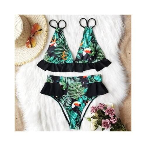 New Ruffled Bikini Print Two-Piece Swimsuits Womens Hot Selling European and American Fashion Pastoral Street Swimsuit Bikini
