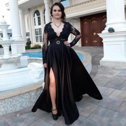 2019 African Black Evening Dresses A line V-neck Long Sleeves Lace Prom Dresses High Split Formal Party Gowns For Women