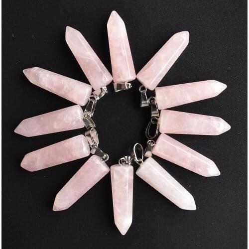 2020 Fashion top quality natural stone pink Hexagonal pillar charms point Pendants 12x50mm Wholesale 12pcs/lot free shipping