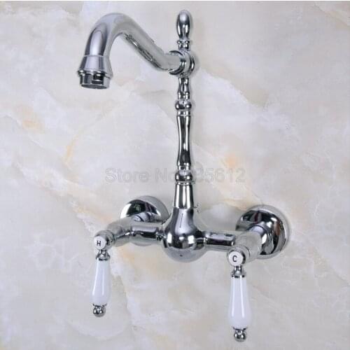 Polished Chrome Swivel Spout Bathroom Basin Faucet / Wall Mounted Dual Handles Vessel Sink Mixer Taps tnf961