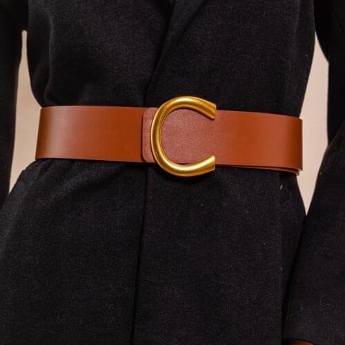 New Design Wide Belts Soft Faux Leather Black Brown Waist Strap Woman Vintage Alloy Big Buckle Waistbands For Dress Coat Women