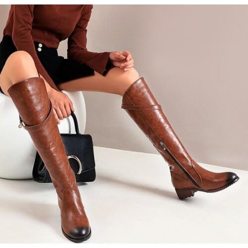NEW Winter Women Shoes Long Knee-High Boots Round Toe Med Square Heels Zipper Buckle Short Plush Warm Inside Motorcycle Boots