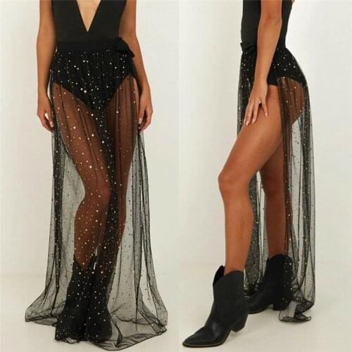 Sexy Mesh Sheer See Through Dress Black Bikini Cover Ups Women High Elastic Waist Maxi Wrap Skirt Sarong Pareo Beachwear