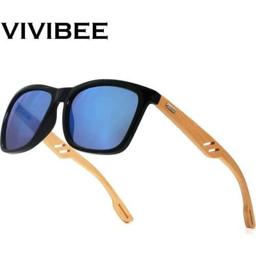 VIVIBEE Bamboo Sunglasses Men Square Style Mirror Blue Lens Sun Glasses Women 2021 Retro UV400 Male Eyewear