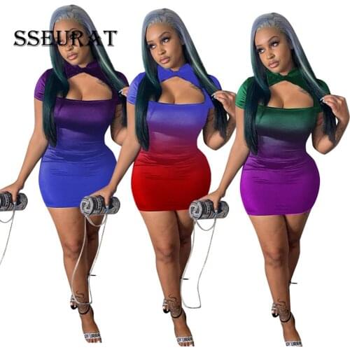 SSEURAT Women Dress Sheath Elastic Short Sleeve Stand Collar Hollow Out Chest Mini Dresses Sexy Night Club Party Dress Summer