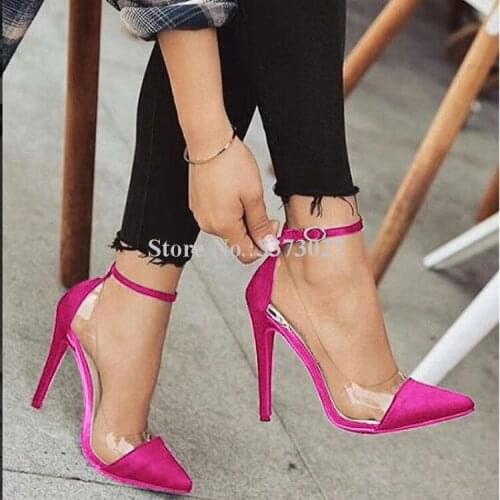 New Rose Red Satin PVC Patchwork Stiletto Heel Pumps Shoes Women Sweet Pointed Toe Ankle Buckle High Heels Single Shoes Lady