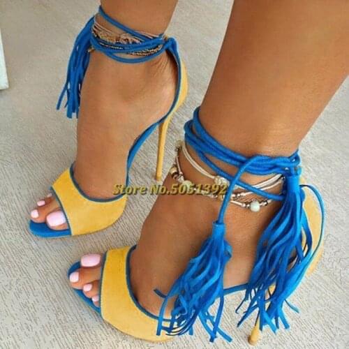 Suede Tassels Peep Toe Sandals Cover Heel Lace Up Dress Concise Women Shoes Thin High Heel Custom Made Fashion Sandals Fringe