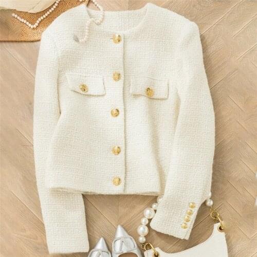 Autumn Winter Elegant White Tweed Jacket Women 2021 Korean Fashion O-neck Single Breasted Short Wool Womens Coats