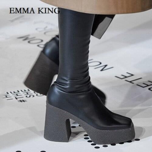 Women Black Chunky Heel Tall Boots Over-the-knee Stretch Leather Boots Square Toe Female Boots Textured Rubber Block Heel Shoes