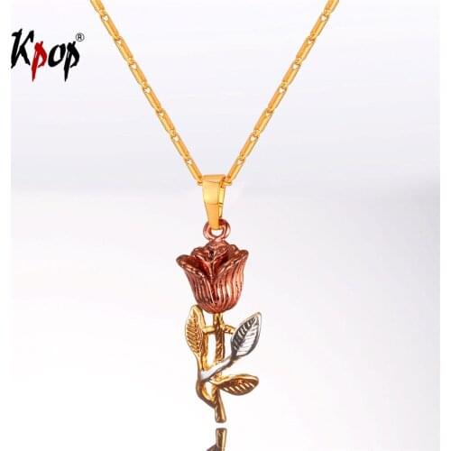 Kpop Rose Flower Pendant Necklace Women Tricolor Jewelry Adjustable Chain Necklace Pendant for Women P415