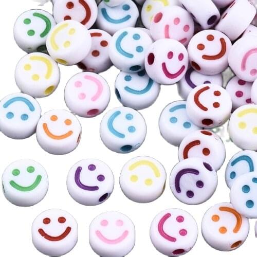 200 pcs Opaque Acrylic Beads Flat Round with Smiling Face for Making Bracelet Necklace Jewerly Craft Bead 10mm Hole 2mm