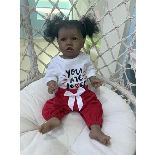 55CM new black doll bebe reborn toddler girl saskia with teeth reborn full body silicone African American baby dolls gift