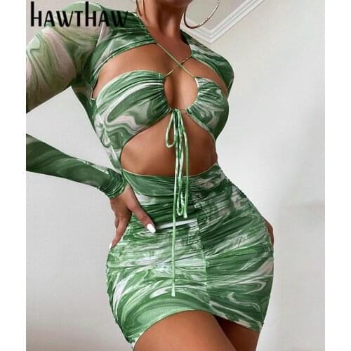 Hawthaw Women Sexy Autumn Long Sleeve Printed Mesh See Through Bodycon Party Green Mini Dress 2021 Fall Clothes Wholesale Items