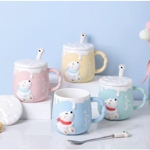 450ml Cute Cartoon Bear Ceramic Mark Coffee Cup With Lid Spoon Home Breakfast Milk Cup Creative Children Gift Couple Cup