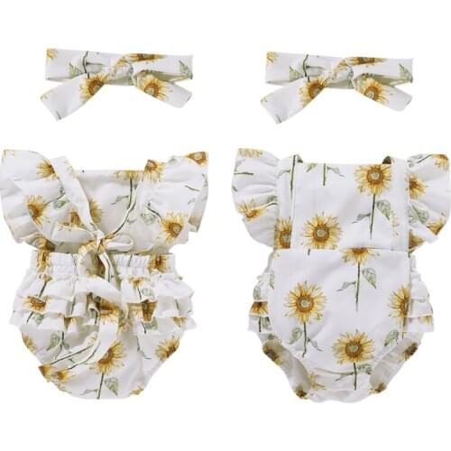 2021 2Pcs Fashion Newborn Infant Toddler Newborn Baby Girls Floral Printed Ruffel SleeveJumpsuit+Bow-Tie Headband 0-24M