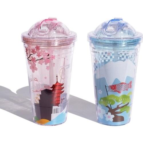Summer Tokyo Sakura Plastic Cups with Lids and Straw Portable Tumbler Cup Reusable Water Bottle Juice Milk Straw Cup Coffee Mug
