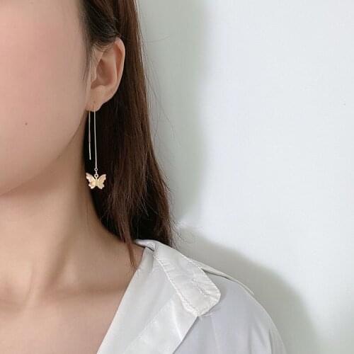 Small Butterfly Pendant Tassel Long Earrings Retro Gold Silver Color Simple Ear Line Threader Earrings Women Wedding Jewelry