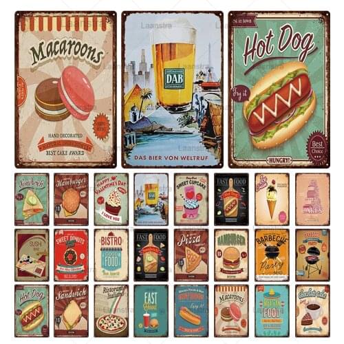 Retro Plaque Food Hot Dog Sandwich Macaroon Burger Pizza Metal Tin Sign Iron Sheet Creative Decor Painting Cafe Restaurant Home
