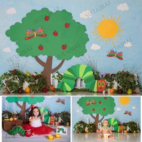 The Very Hungry Caterpillar Backdrops Photography Red Apple Tree Floral Children Birthday Cake Smash Background Photo Studio