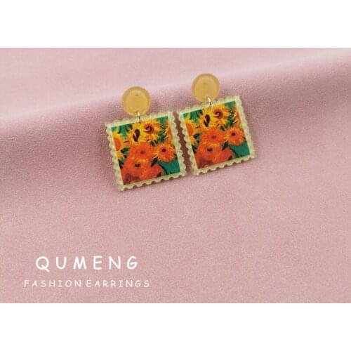 QUMENG 2021 New Creative Design Elegant Sunflower Flowers abstract Oil Painting Printed Geometric Square Stamps Acrylic Earrings