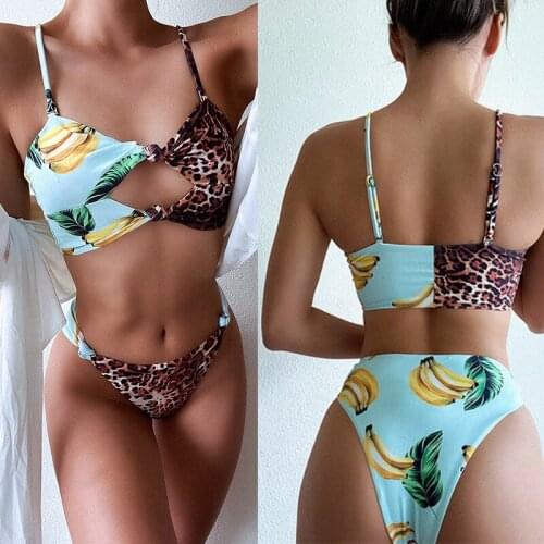 Leopard Fruit Stitching Bikini Ladies Tie Swimsuit High Waist Strap Swimsuit Leopard Print Sexy Swimwear Thong Bikini Set 2021