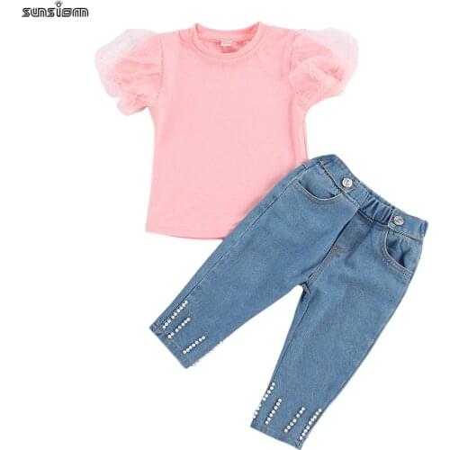 SUNSIOM 1-6Y Fashion Kids Girls Clothes Sets Lace Puff Sleeve Solid Pullover T Shirts Tops Pearl Blue Denim Pants Sets