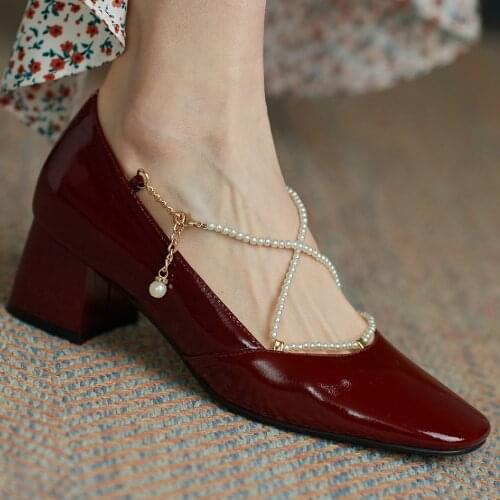 Womens genuine leather thick high heel sqaure toe slip-on pumps beading cross strap 2021 spring new korean style sweet shoes