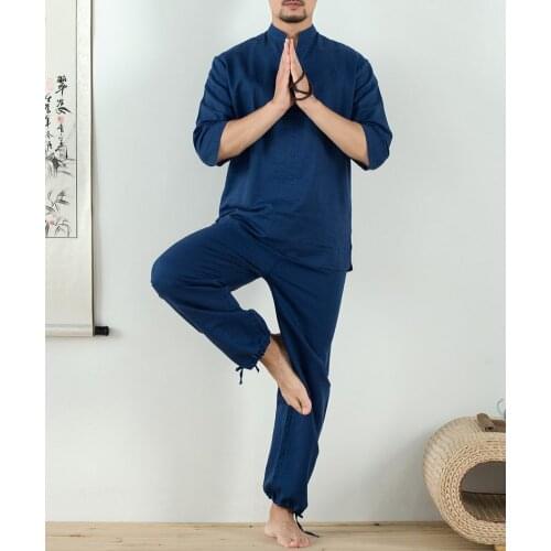 High quality male Cotton&linen yoga suit lay meditation clothing taiji uniforms tai chi kung fu clothes blue/red/khaki