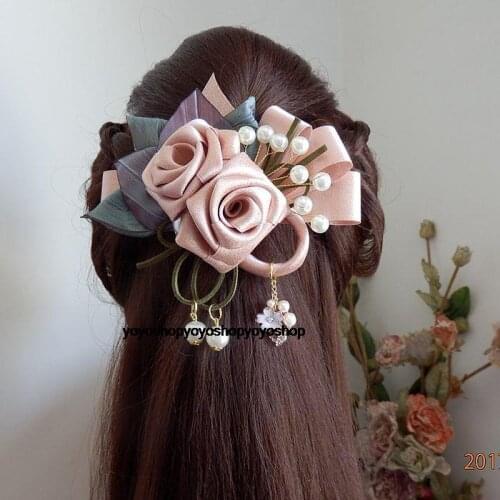 Pink gold rose handmade yarn pearl bow hair clip Classical flower Hair accessories f087