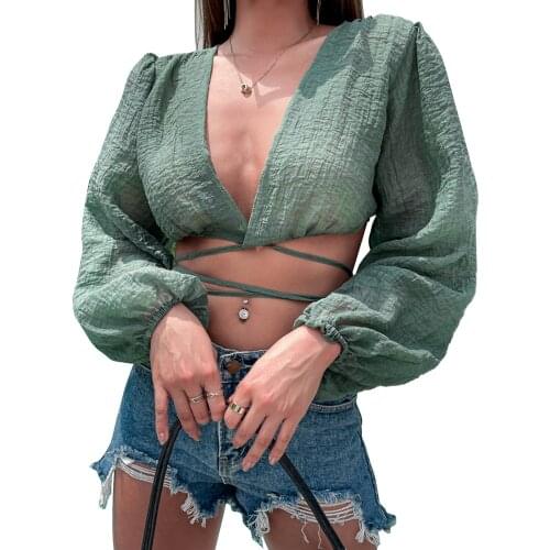 2021 Fashion Ladies Sexy Bandage Blouses Women Long Sleeve V Neck Solid Shirt Casual Puff Sleeve Tie Up Short Tops Streetwear