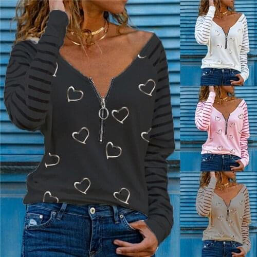 2021 Fashion Trendy Cute Women Zipper V Neck Long Sleeve T Shirt Loose Print Top Spring Autumn Tee Shirt